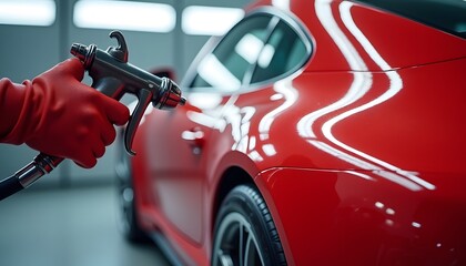 A close-up of a skilled technician applying polish to a sleek red sports car in a modern workshop, showcasing automotive craftsmanship and attention to detail.