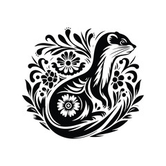 Obraz premium Weasel in folk art black and white silhouette illustration -