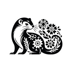 Weasel in folk art black and white silhouette illustration -