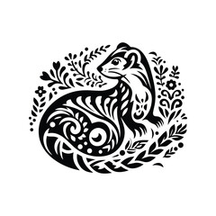 Weasel in folk art black and white silhouette illustration -