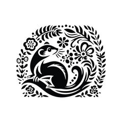 Weasel in folk art black and white silhouette illustration -