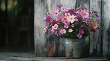A bouquet of pink and purple wildflowers arranged in a rustic metal bucket, placed on a weathered wooden porch.