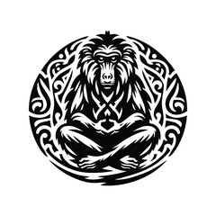 baboon monkey in folk art black and white silhouette illustration -