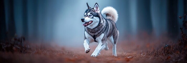 Husky Running Through Foggy Forest. - Powered by Adobe