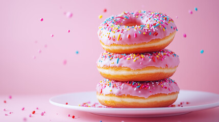 three donuts stacked on a white plate.