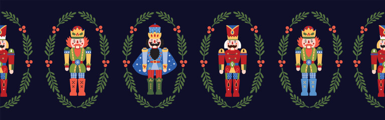 Nutcracker. Cute Christmas gorizontal border. Christmas colorful motifs.