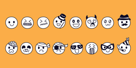 Obraz premium A set of black and white smiley faces. Vector on yellow background
