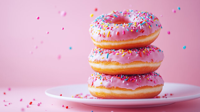 three donuts stacked on a white plate.