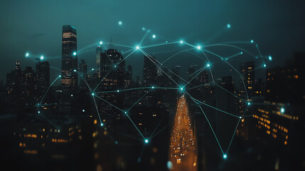 Smart digital city with connection cyber security network reciprocity over the cityscape . future smart wireless digital city and social media networking systems that connects people within the city