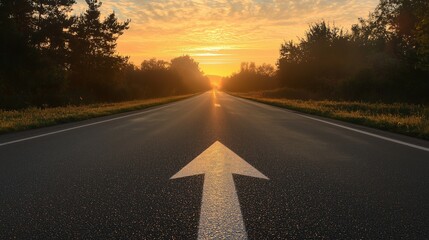 An asphalt road stretches into the distance with a painted white arrow pointing forward, symbolizing direction and progress.