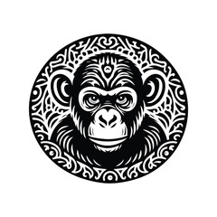 Chimpanzee monkey in folk art black and white silhouette illustration -