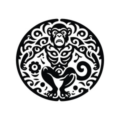 Chimpanzee monkey in folk art black and white silhouette illustration -