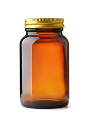 Front view of empty amber medical glass jar