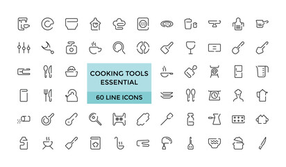 Cooking tools isolated icons set. Set of kitchen essentials, cutlery, dishes, plates, baking sheet, paper mill, cheese slicer, Editable stroke, Thin line icon pack, vector illustration.