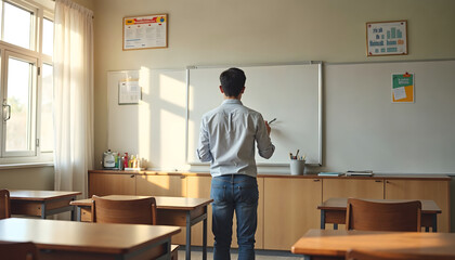 Teacher Writing on Whiteboard in Empty Classroom, Photo Realistic, Wallpaper, Cover and Screen for Smartphone, PC, Laptop, 16:9 Format