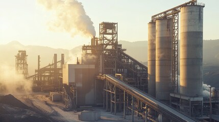 Obraz premium A day scene of a cement factory, with tall silos and conveyor belts, surrounded by industrial dust and a clear sky.