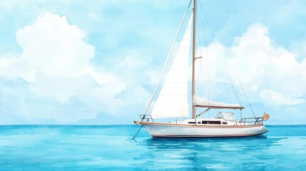 Fototapeta premium Sailboat anchored in crystal lagoon, tropical paradise, watercolor style