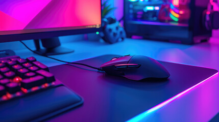 Modern Gaming Desk: Mouse, Keyboard, and Monitor