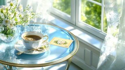 An inviting arrangement features a vibrant orange postcard and two white tickets on a circular blue table, complemented by coffee cups and warm sunlight