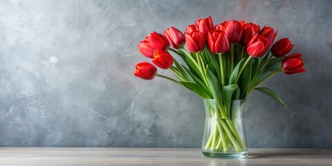 Vibrant red tulips in glass vase on gray background, tulips, red, flowers, vase, arrangement, floral, decor, beautiful, vibrant