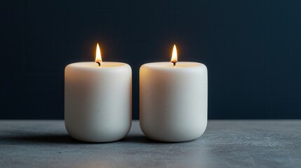Two lit white candles on a dark surface, creating a serene and calming atmosphere perfect for relaxation or meditation.