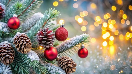 Close-up of pine branches with frosted cones and red baubles, with glowing bokeh lights, pine, branches, frosted, cones, red
