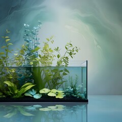  A serene and mystical background featuring an empty aquarium tank