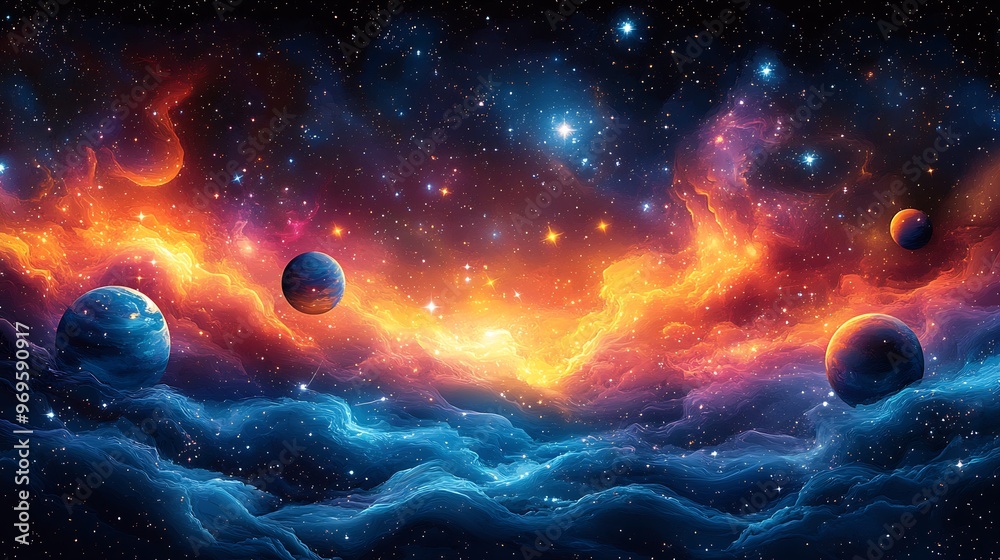 Canvas Prints vector design of an abstract depiction of space with swirling galaxies distant planets and radiant s