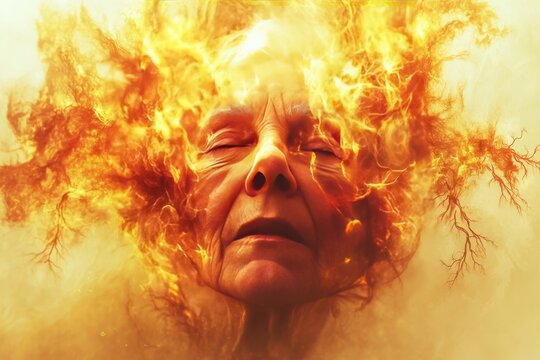 Vesicle neurosynaptic synapse and connectome elderly woman with fiery neural brain pattern symbolizing energy wisdom and strength