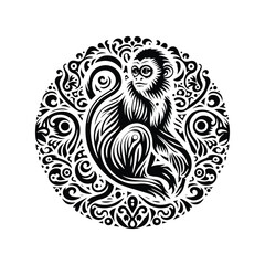 galada monkey in bohemian black and white silhouette illustration -