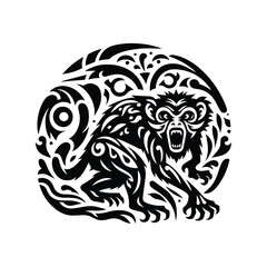 galada monkey in folk art black and white silhouette illustration -