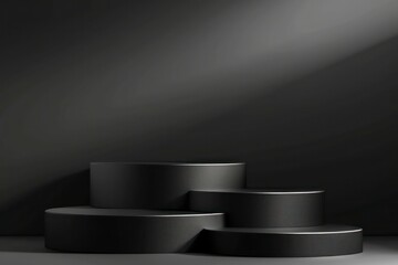 Black Minimalist 3D Podium Design - Elegant Display Stand with Cylindrical Platforms for Product Showcase