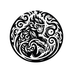 galada monkey in folk art black and white silhouette illustration -