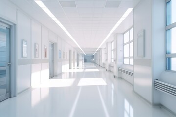 A long hospital bright white brown corridor architecture building light.