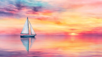 Sailboat gliding on calm sea, vibrant sunset, watercolor style