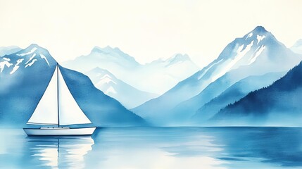 Sailboat in a serene bay, snow-capped mountains, watercolor style