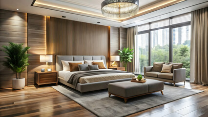 Fototapeta premium Elegant master bedroom featuring a plush bed, ornate chandelier, and breathtaking urban vistas with luxury sofa set five star room