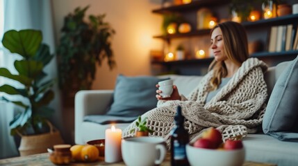 Serene Home Atmosphere with Plush Sofa and Soft Lighting