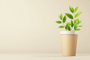 Fototapeta premium A fresh green plant in a simple beige pot, perfect for adding a touch of nature to any space. Minimalistic and vibrant decor.