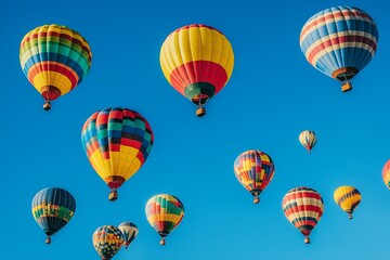 Fototapeta premium Numerous colorful hot air balloons floating in a clear blue sky, symbolizing freedom, adventure, and joy.