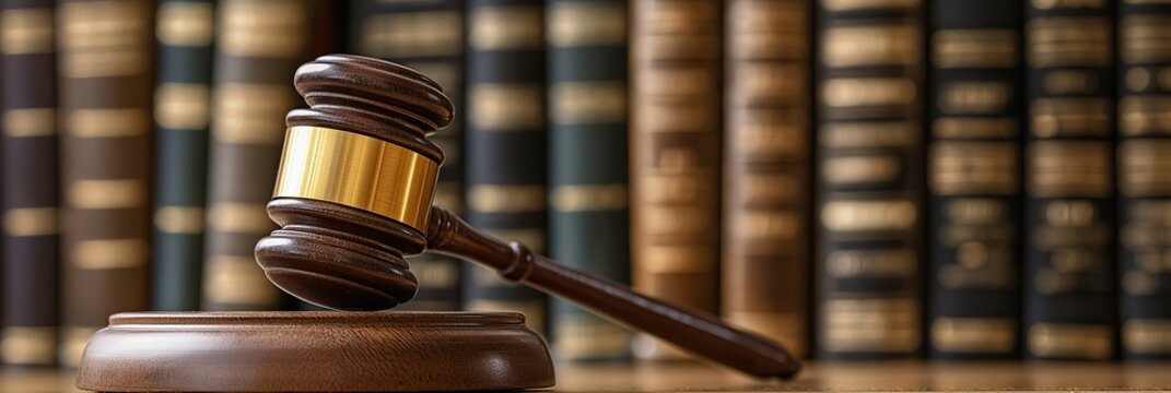 Close-up of a wooden judge's gavel placed on a surface with law books in the background, symbolizing justice and authority.