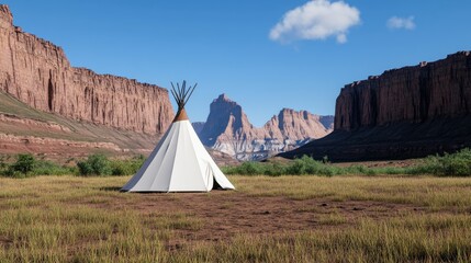 A traditional Indian tipi rises elegantly amid golden grasslands, illuminated by soft sunlight as clouds drift lazily across the vast sky, creating a serene atmosphere