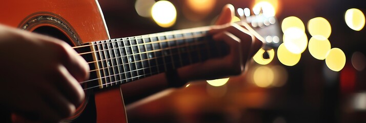Fototapeta premium A musician playing an acoustic guitar, focusing on the fingers pressing the strings with a blurred light background.