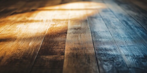 Obraz premium An artistic photograph of sunlight casting gentle shadows across a warm, textured wooden floor, creating a serene ambiance.