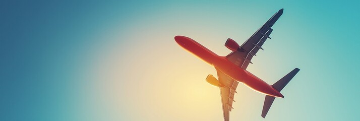 An airplane soars into the sunset, with a stunning silhouette against the gradient sky, symbolizing travel and adventure.