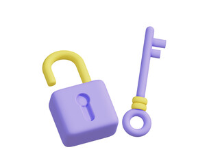 Safety, encryption, protection, privacy signs. Purple and yellow digital security lock. Purple and yellow padlock with keyhole and purple key 3d cartoon design.