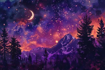 AI-generated illustration of a mountainous pine forest beneath a celestial night sky, showcasing