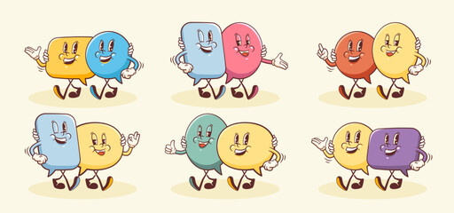 Vector Talk Language Learning Groups of Characters Illustrations Set. Groovy Cartoon Speech Bubbles Conversation in Pairs Chat Message Personage Collection Isolated