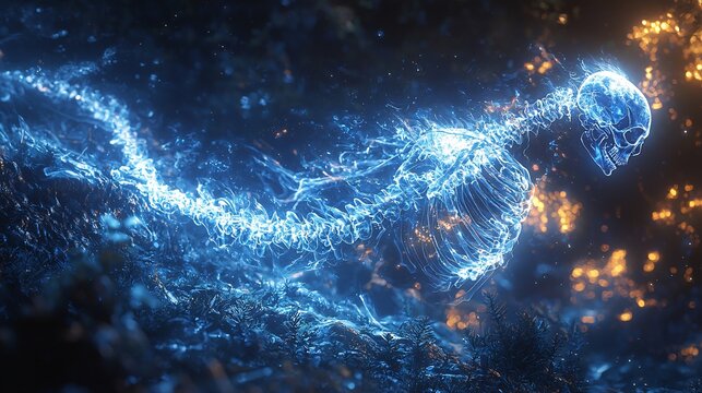 Krasue glowing in the dark, flying through the night sky with her internal organs trailing behind.