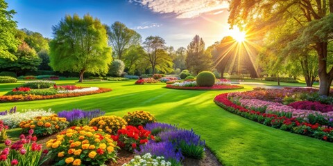 Obraz premium Sunny park with vibrant green grass and colorful flowers, sunny, park, nature, outdoors, sunlight, grass, flowers, vibrant